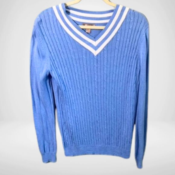 White Stag Preppy Varsity Collar Vintage Blue Cable Knit V-Neck Sweater, Medium - Picture 1 of 10